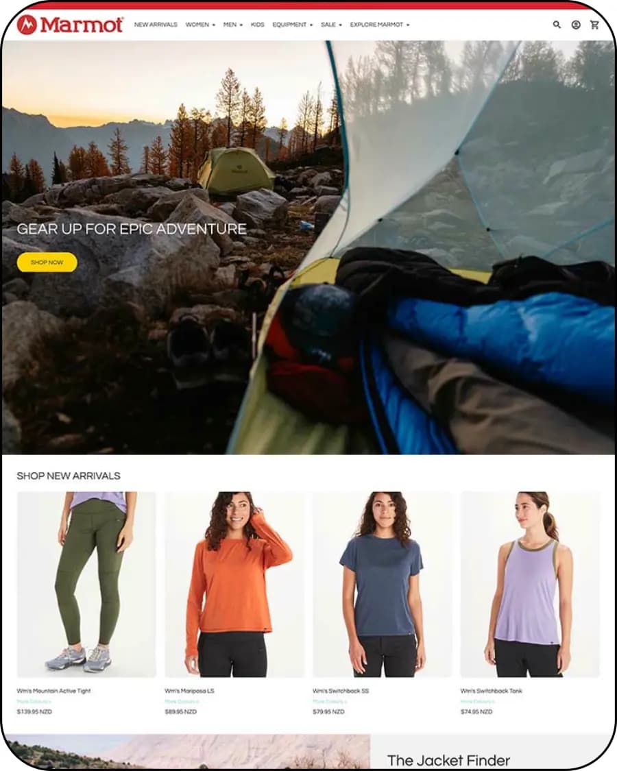 colorful background, shopify outdoor clothing storefront, hiking adventure gear catalog, ecommerce store showcase, storelister product discovery