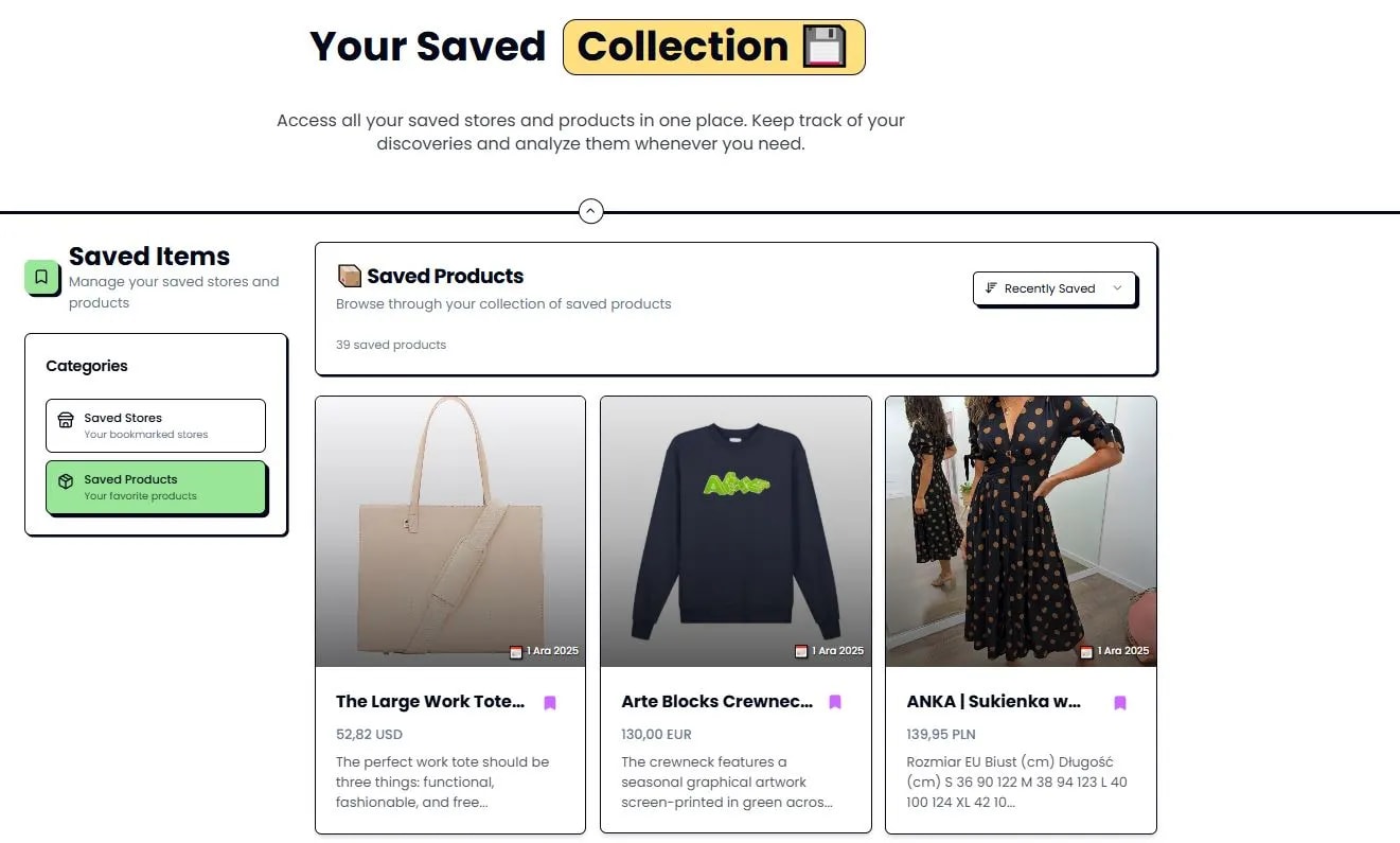 light background, storelister saved collection dashboard, bookmarked shopify products and stores, ecommerce product research organizer, winning product tracker