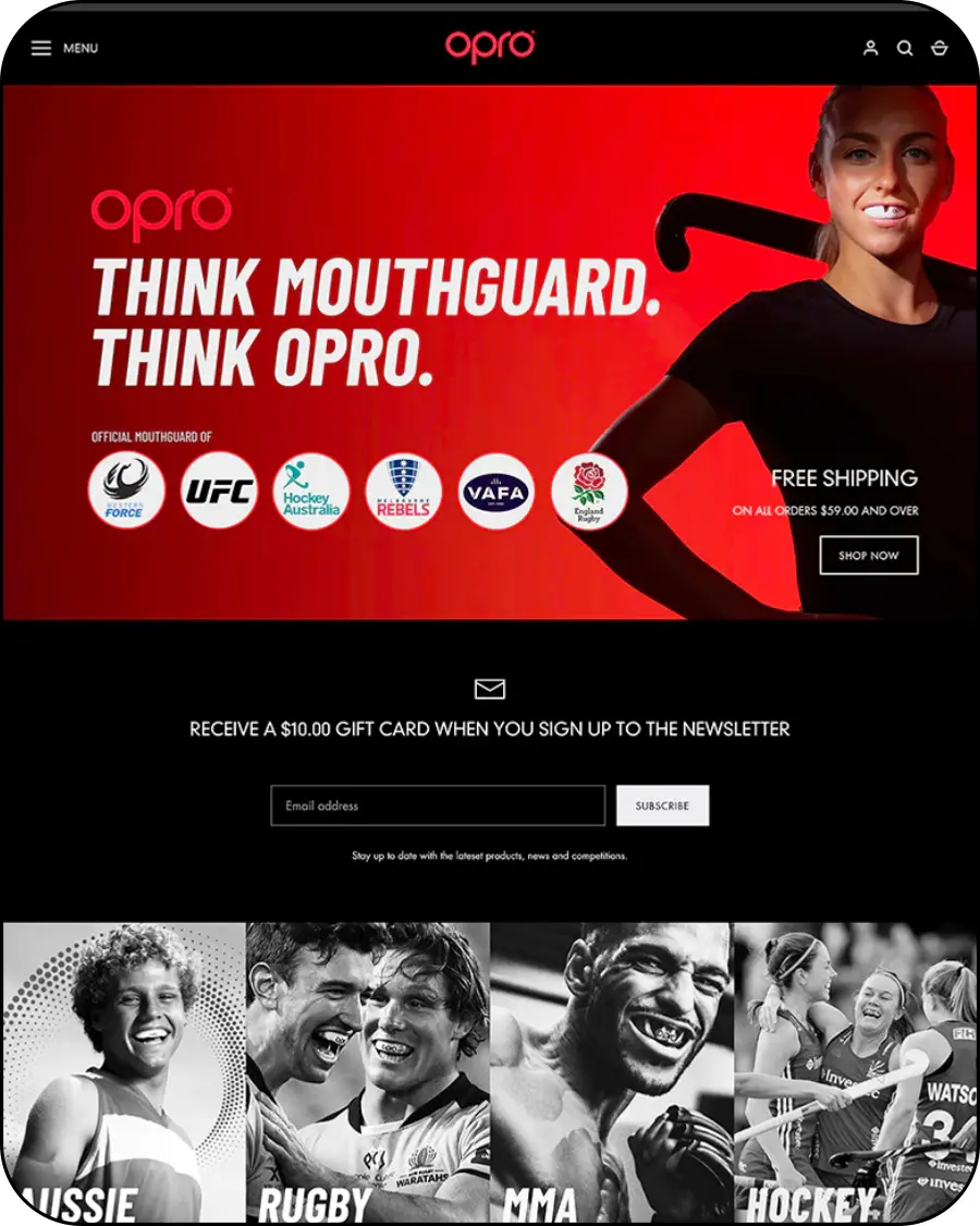 red background, shopify sports protection storefront, professional mouthguard product catalog, ecommerce store showcase, storelister winning products